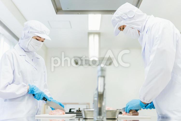 食品加工の仕事をする男女 食品加工,精肉加工,肉の写真素材