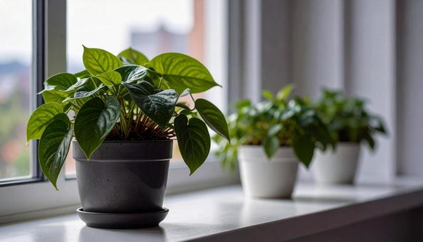 窓際の観葉植物・ミニ植物・ポトス 窓際の観葉植物・ミニ植物・ポトス の写真