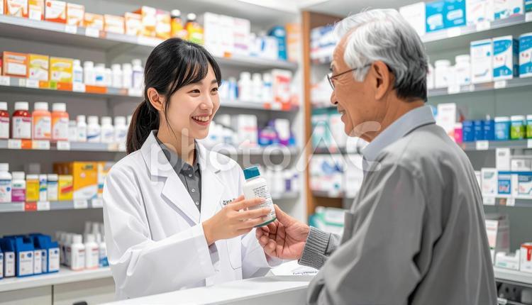 笑顔で接客する働く薬剤師 薬局,薬剤師,薬の写真素材
