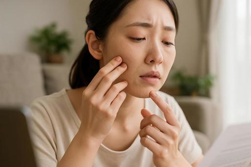 乾燥肌の悩みを確認する若い女性のアップ 乾燥肌の悩みを確認する若い女性のアップの写真