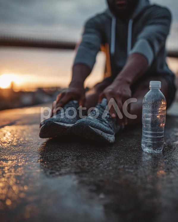 運動をする男性と水入りのペットボトル 男性,運動,フィットネスの写真素材