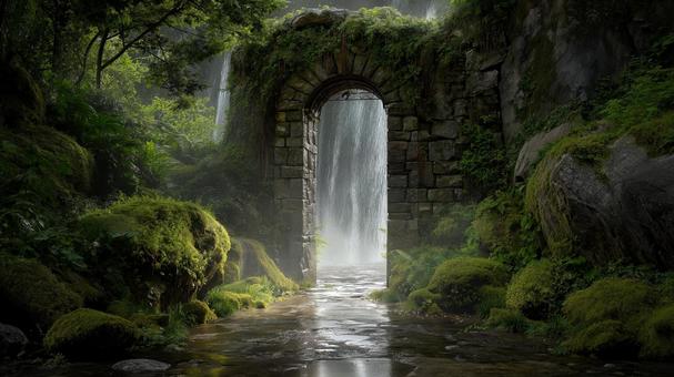 森の奥に眠る滝と遺跡の入口 森の奥に眠る滝と遺跡の入口の写真