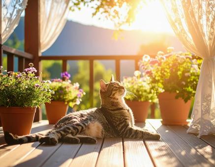 花と緑に囲まれた猫の幸せな朝の写真