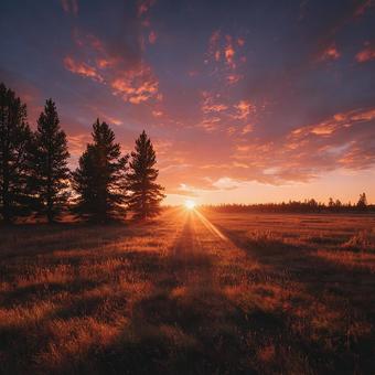 広大な草原に沈む夕日の写真