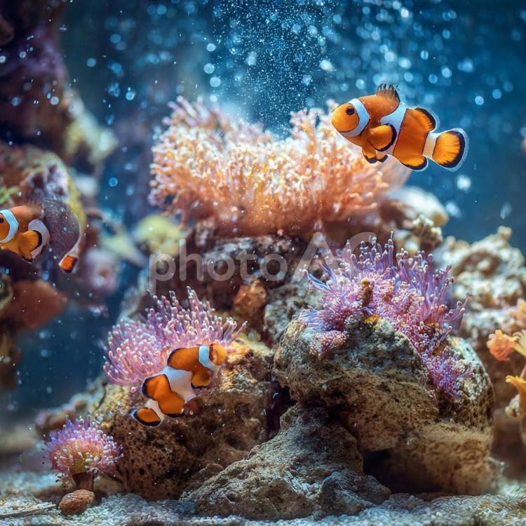 カラフルな熱帯サンゴとクマノミの水中風景 クマノミ,サンゴ礁,熱帯魚の写真素材