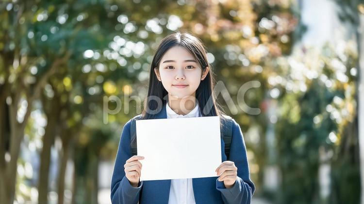 空白の紙を提示するアジア人女性 女性,女,お知らせの写真素材