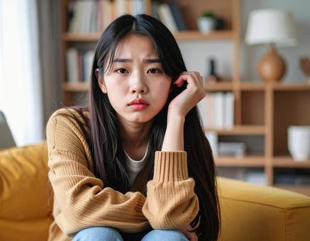 困った表情の女性の写真