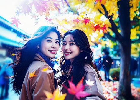 紅葉と女性 紅葉と女性の写真