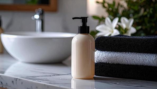 白と黒のタオルとシャンプー 白と黒のタオルとシャンプーの写真