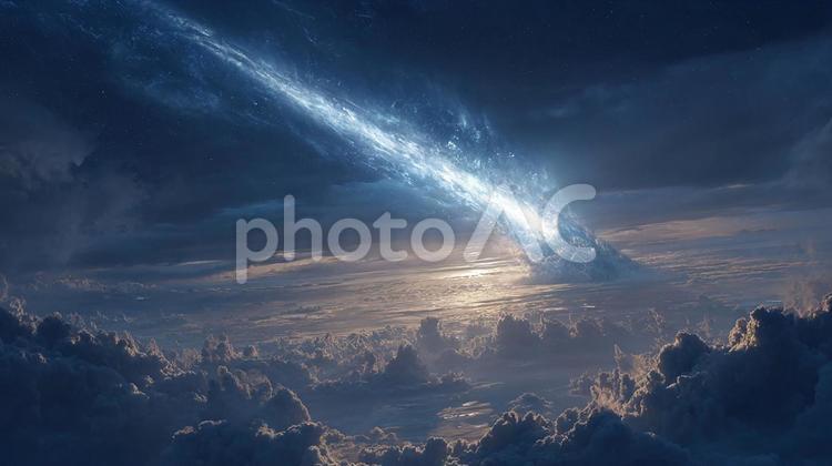 光り輝く隕石が海に墜落する衝撃の瞬間 隕石,流れ星,宇宙の写真素材