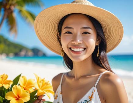 花咲く海辺・夏空と麦わら帽子の彼女 花咲く海辺・夏空と麦わら帽子の彼女の写真