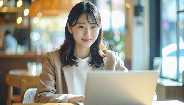 カフェでノートパソコンを使う日本人女性 カフェでノートパソコンを使う日本人女性の写真