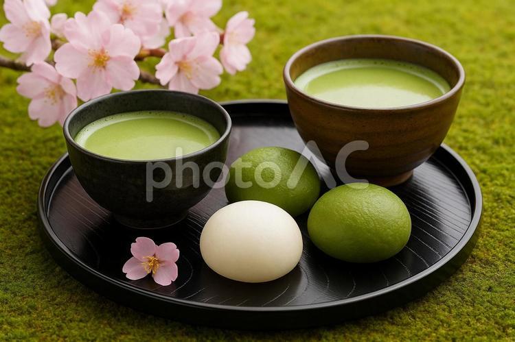 抹茶と桜まんじゅうの春茶会 抹茶,茶,緑の写真素材