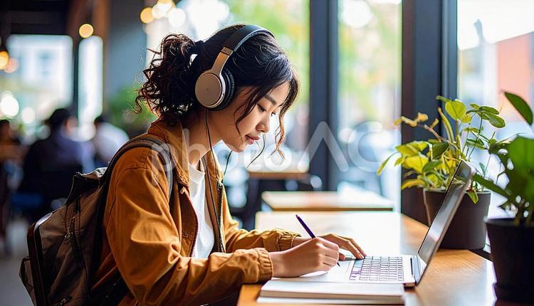 お気に入りの音楽を聴きながら勉強する女性 勉強,ノートパソコン,女性の写真素材