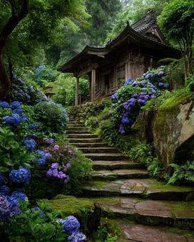 新緑と苔に包まれた、静寂な日本庭園の風景の写真