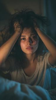 不眠に苦しむ、疲労困憊の女性 不眠に苦しむ、疲労困憊の女性の写真