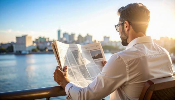 新聞を読むビジネスマンの後ろ姿の写真