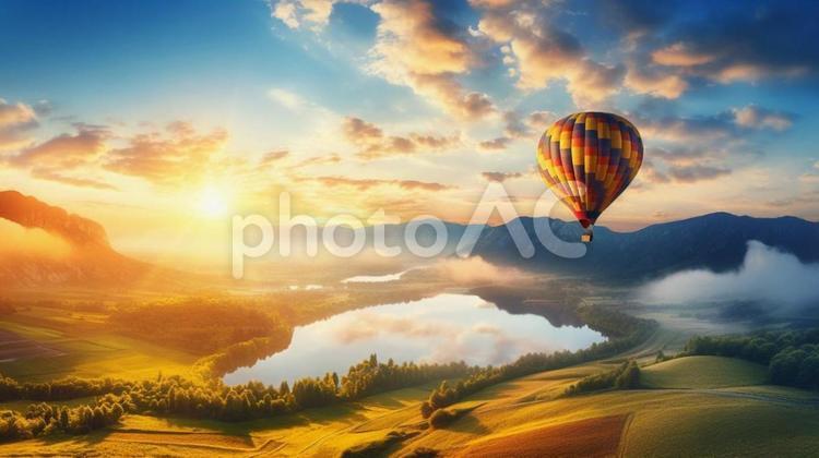 浮かぶ気球：朝日、夕日、湖、山、畑、空 気球,浮かぶ,朝日の写真素材