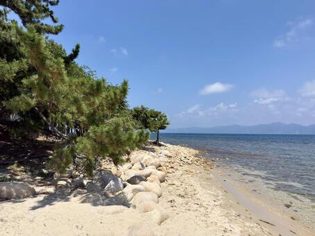真夏の敦賀湾の水島の砂浜　北陸のハワイ 色ヶ浜,水島,敦賀湾の写真素材
