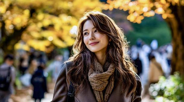 紅葉を背景に微笑む上品な若い女性 紅葉を背景に微笑む上品な若い女性の写真