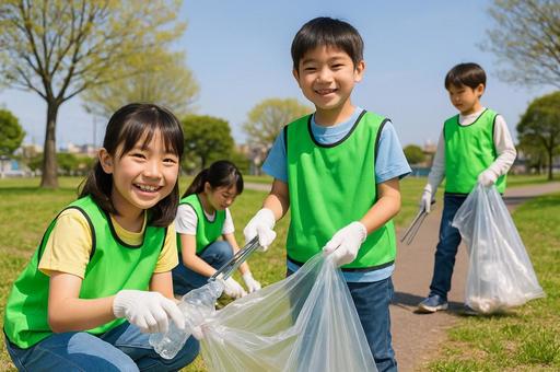 ゴミ拾いをする子供たちの写真