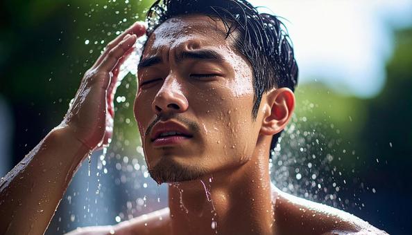 猛暑 頭から水を浴びる男性 猛暑 頭から水を浴びる男性の写真