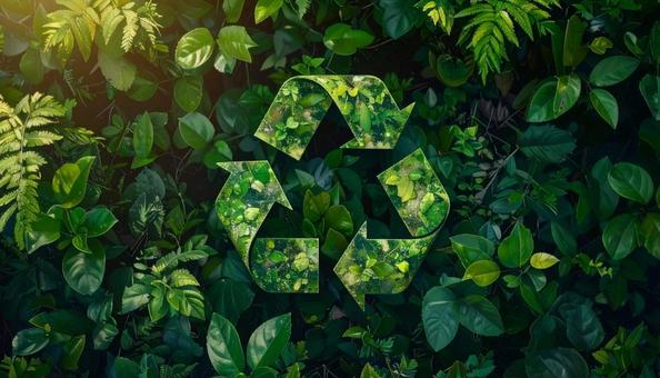 葉っぱで出来たリサイクルマークの写真