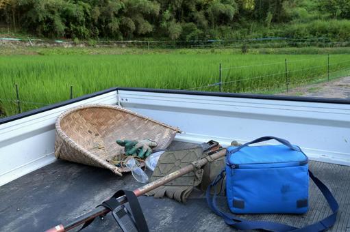 田んぼの草刈りに着いた軽トラックの荷台 田んぼの草刈りに着いた軽トラックの荷台 軽トラック,軽トラ,荷台の写真素材