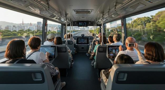 AI全自動運転バスでくつろぐ乗客の写真