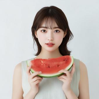 スイカを顔に近づけたポートレート スイカを顔に近づけたポートレートの写真