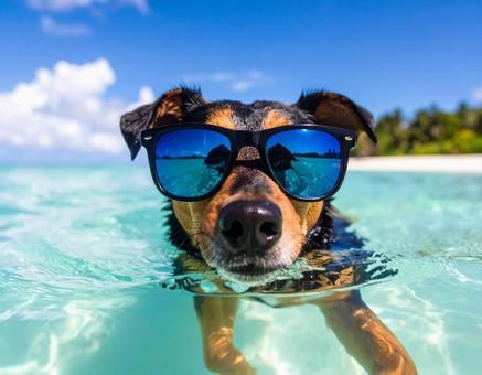 サングラスをかけて海水浴を楽しむ犬2 サングラスをかけて海水浴を楽しむ犬2の写真