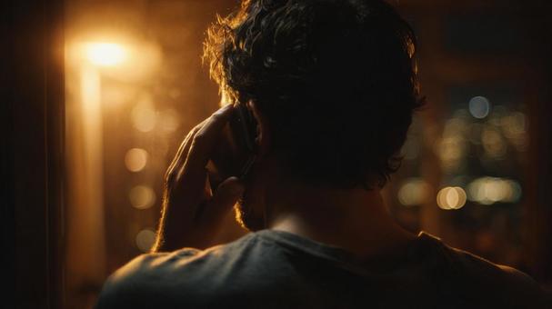 夜の街灯の下で電話をする男性の後ろ姿 夜の街灯の下で電話をする男性の後ろ姿の写真