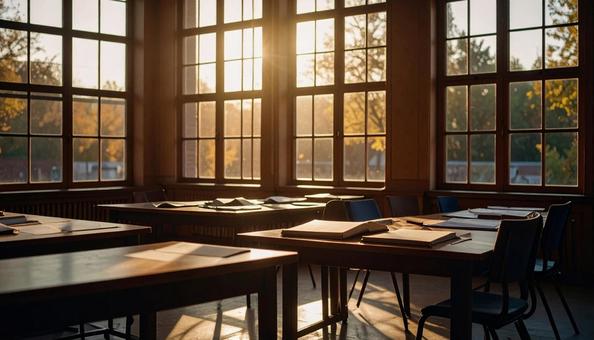 講習会の準備で書類が机に置かれた会場の写真