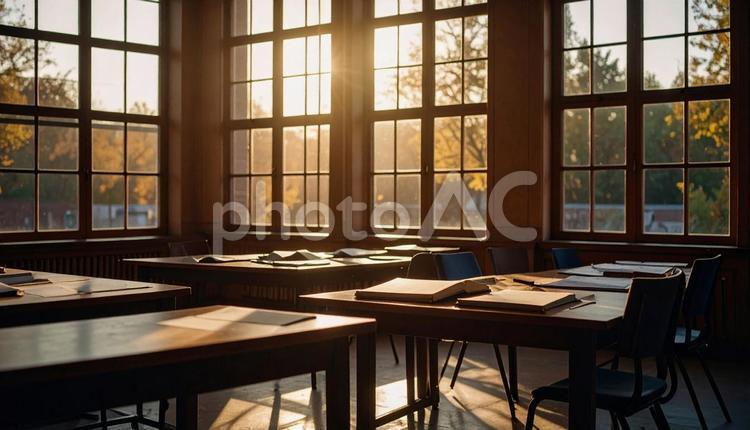 講習会の準備で書類が机に置かれた会場 会場,会議室,壇上の写真素材