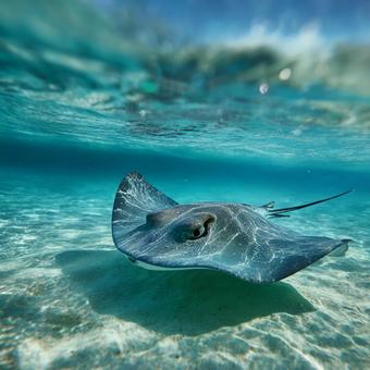 透明な海を優雅に泳ぐエイ 透明な海を優雅に泳ぐエイの写真