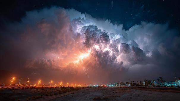 雷光に照らされる街の写真