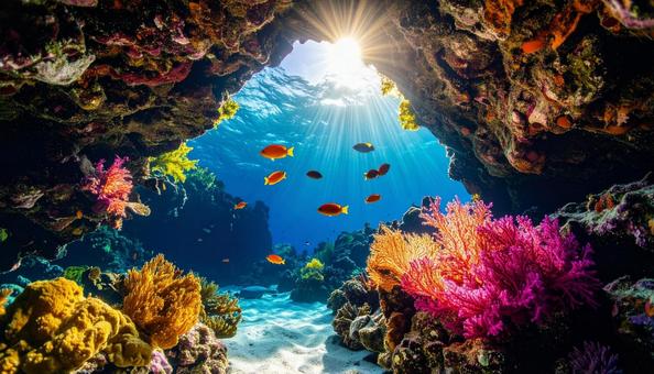 海中から見た岩場に泳ぐ熱帯魚 海中から見た岩場に泳ぐ熱帯魚の写真