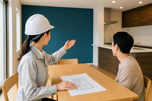 住宅の竣工検査で施主に説明する女性建築士 住宅の竣工検査で施主に説明する女性建築士の写真
