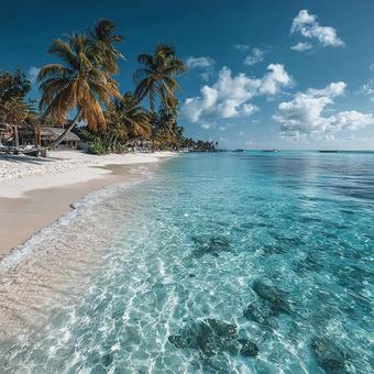 透き通る海と白い砂浜の楽園の写真