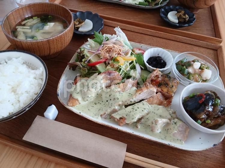 バジルクリームソースかけてチキンを食べる バジルクリームソース,チキン,鶏肉の写真素材