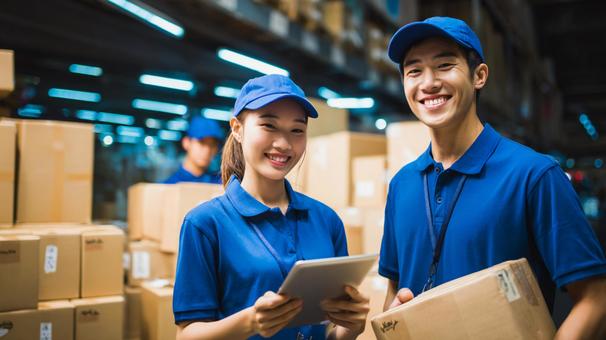 倉庫内で笑顔のスタッフの写真