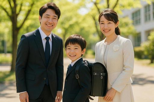 入学式に参加する両親と男の子 入学式に参加する両親と男の子の写真