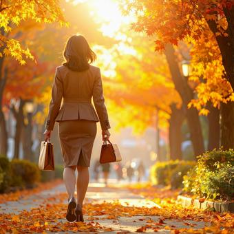 紅葉の中のスーツ姿の女性社員の後ろ姿 紅葉の中のスーツ姿の女性社員の後ろ姿の写真