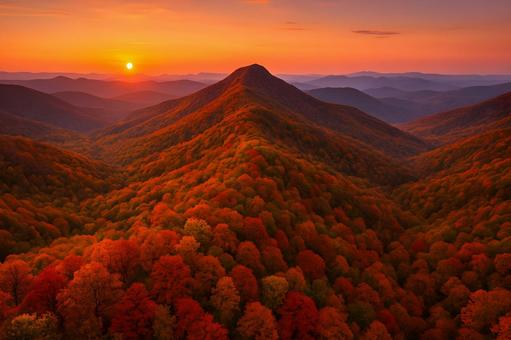 紅葉の峰と朝日 紅葉の峰と朝日の写真
