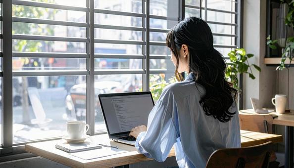 カフェで仕事をするフリーランス女性 カフェで仕事をするフリーランス女性の写真