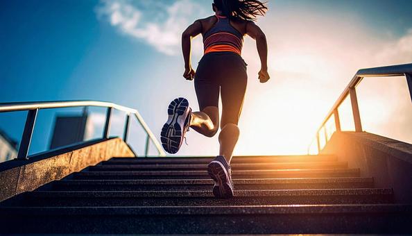 階段を駆け上がる日本人の女性ランナー 階段を駆け上がる日本人の女性ランナーの写真
