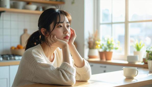 疲れた表情でキッチンに座る若い女性 疲れた表情でキッチンに座る若い女性の写真