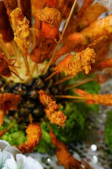 Photo, deep-fried skewers, bamboo skewer, meat, 