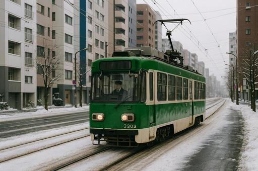 雪の街を走る路面電車 雪の街を走る路面電車の写真