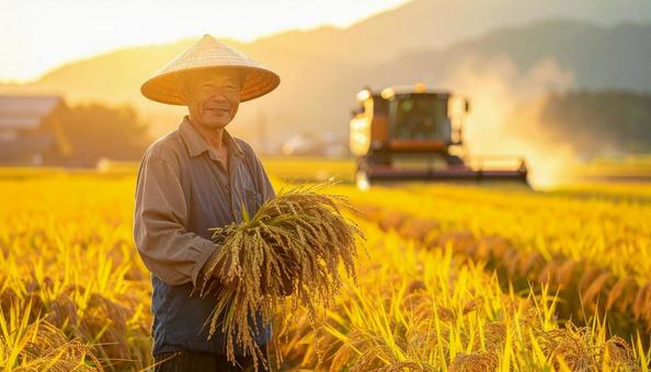 稲田の実りを見る米作りのベテラン男性 稲田の実りを見る米作りのベテラン男性の写真